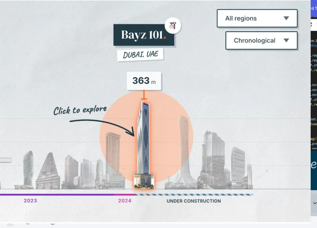 Hover state showing a tower’s name, height and city