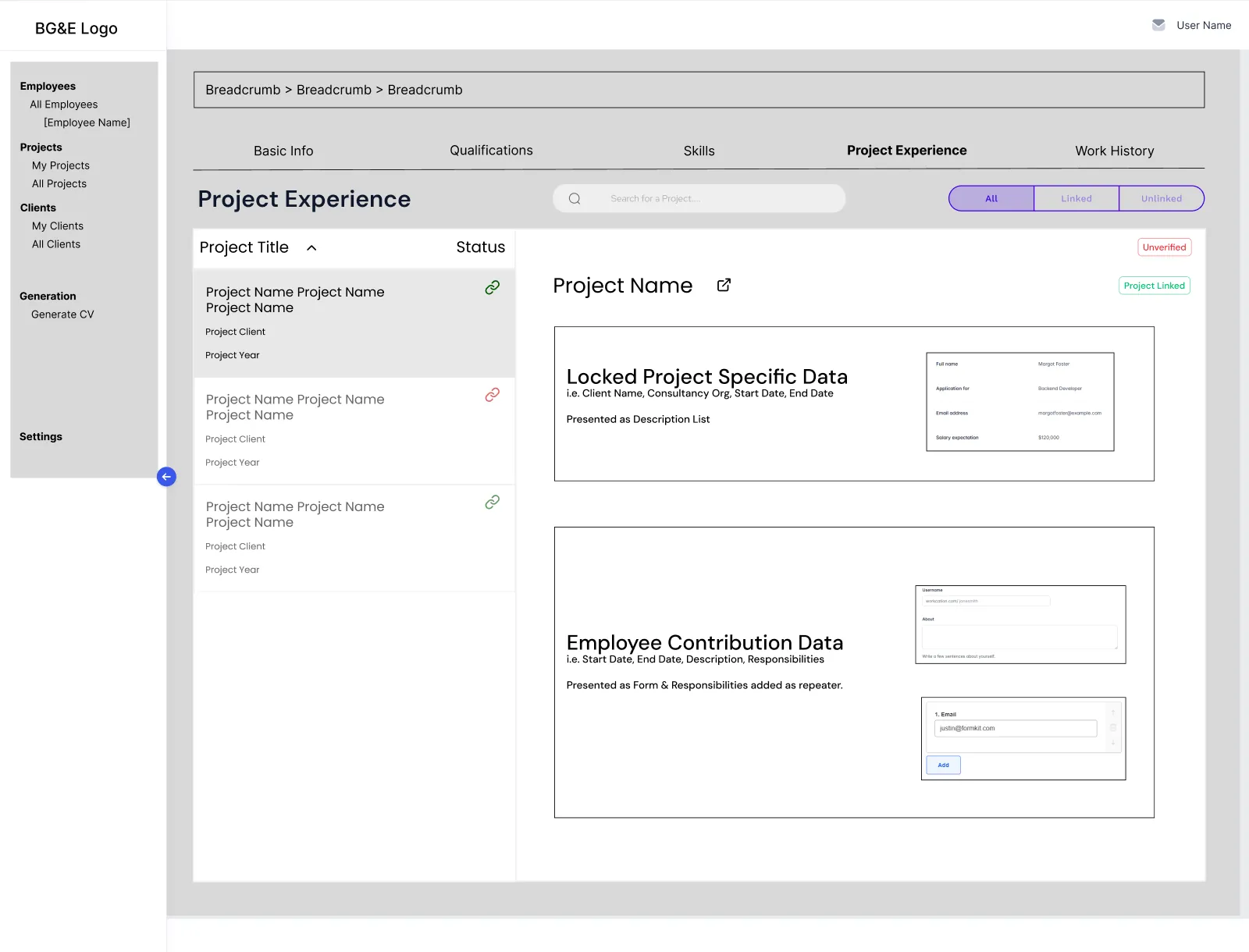 AI4CV wireframe of the projects view